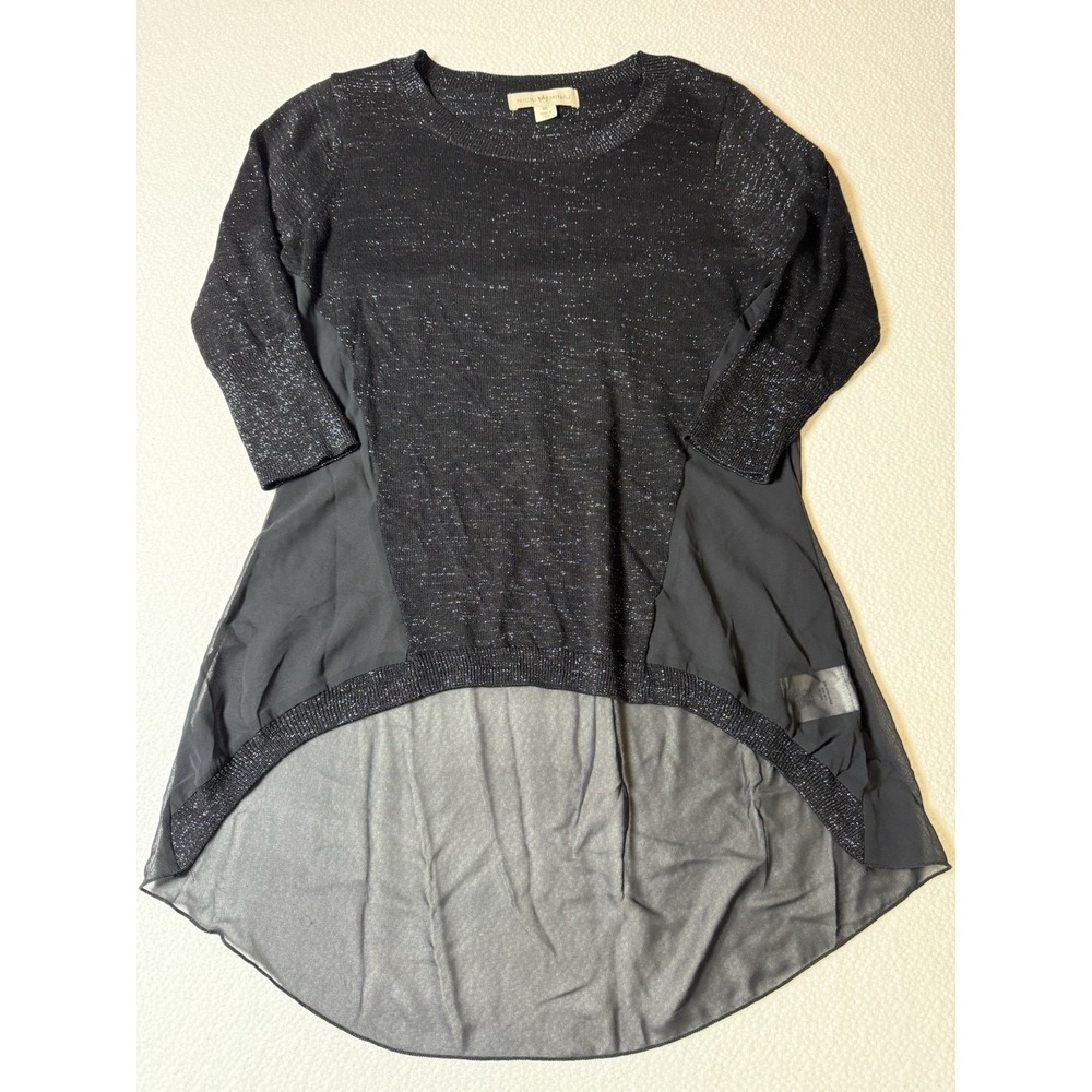 Nicki Minaj Black Hi Low Top Women's Medium Metallic Sheer Overlay 3/4 Sleeve